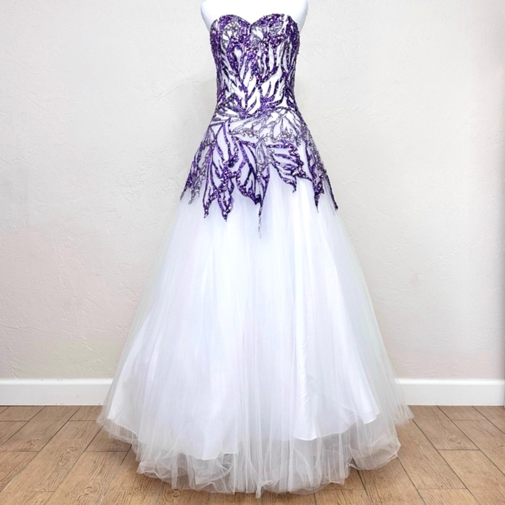 NWT Tiffany Designs 61113 Butterfly Beaded Sequin White Ivory Purple Dress 6 - Picture 2 of 15
